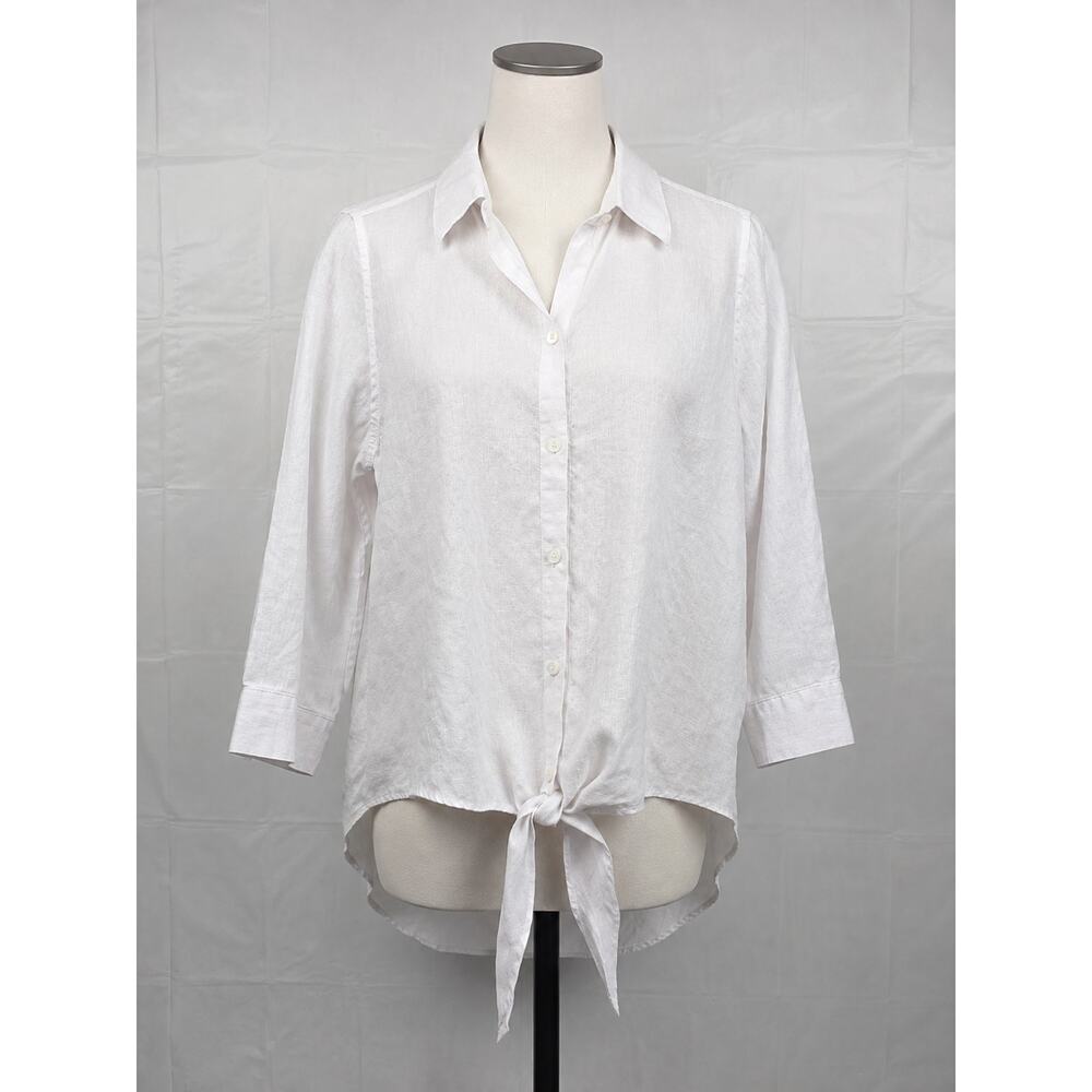Chico's White 100% Linen Tie Front Button Up Shirt Women's Size 2 No Iron - Picture 2 of 7